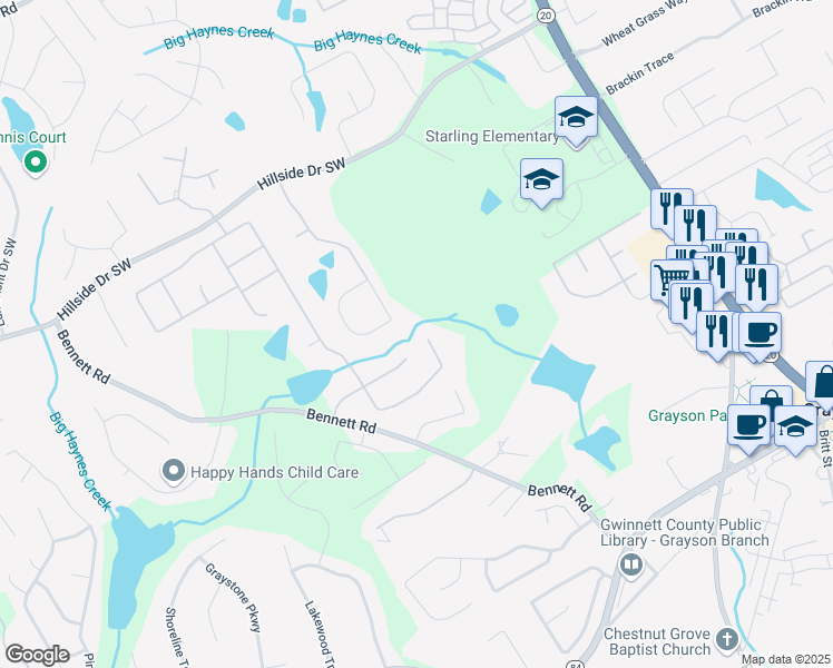 map of restaurants, bars, coffee shops, grocery stores, and more near 1665 Mount McKinley Drive in Grayson