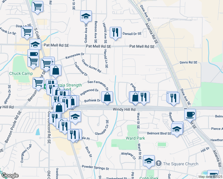 map of restaurants, bars, coffee shops, grocery stores, and more near 733 San Fernando Drive in Smyrna