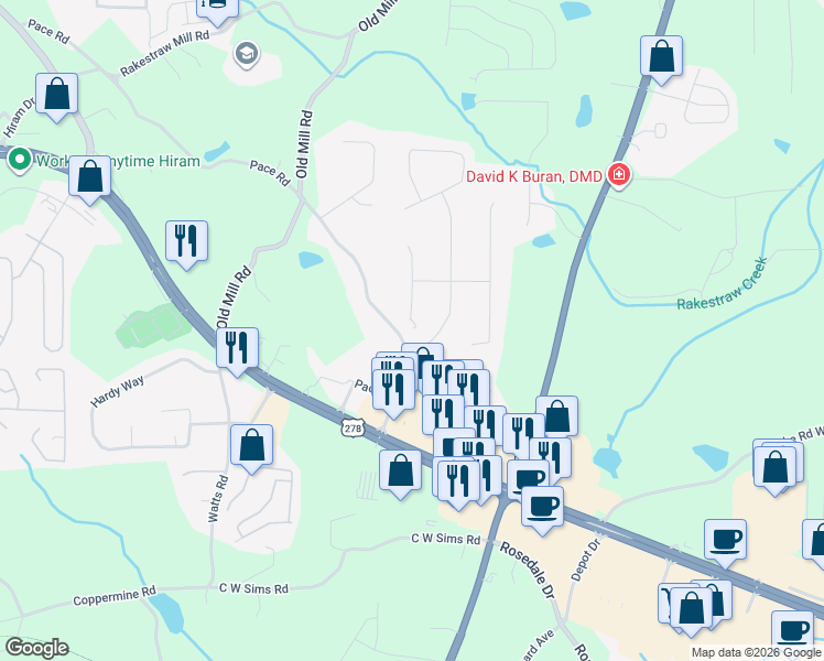 map of restaurants, bars, coffee shops, grocery stores, and more near 5 Dunaway Place in Hiram