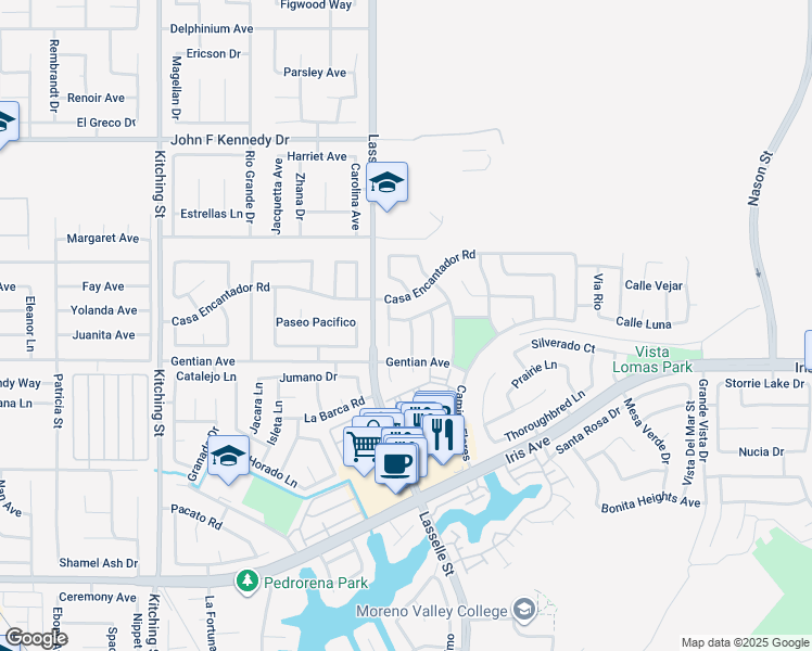 map of restaurants, bars, coffee shops, grocery stores, and more near 15405 Bello Way in Moreno Valley