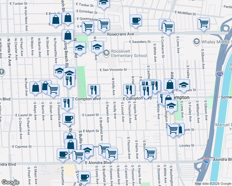 map of restaurants, bars, coffee shops, grocery stores, and more near 116 North Holly Avenue in Compton