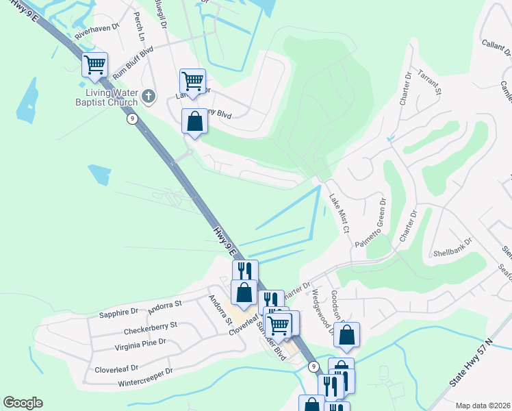 map of restaurants, bars, coffee shops, grocery stores, and more near Sun Colony Boulevard in Little River