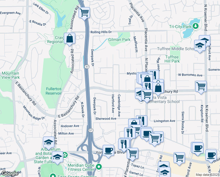 map of restaurants, bars, coffee shops, grocery stores, and more near 2860 Devonshire Avenue in Fullerton