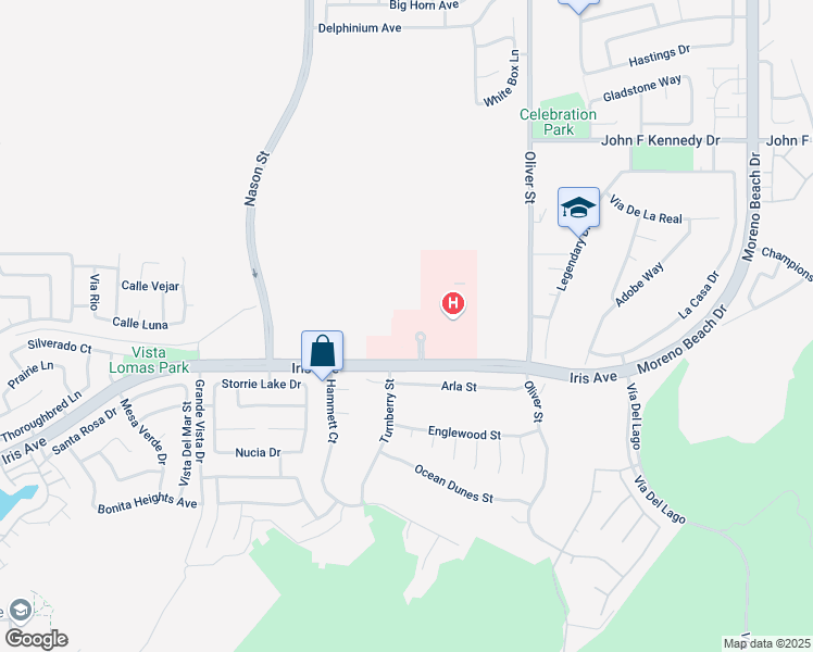 map of restaurants, bars, coffee shops, grocery stores, and more near 27200 Iris Avenue in Moreno Valley