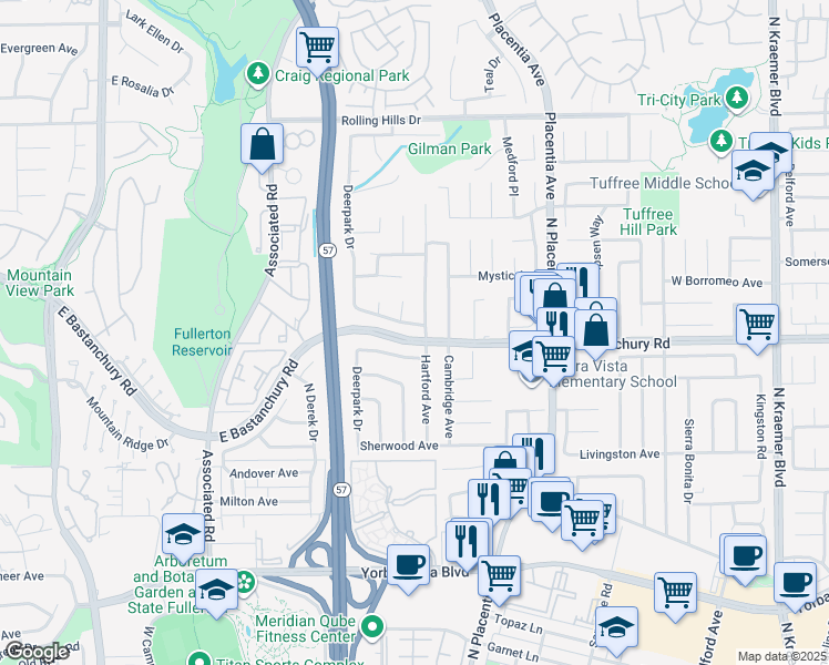 map of restaurants, bars, coffee shops, grocery stores, and more near 2860 Devonshire Avenue in Fullerton