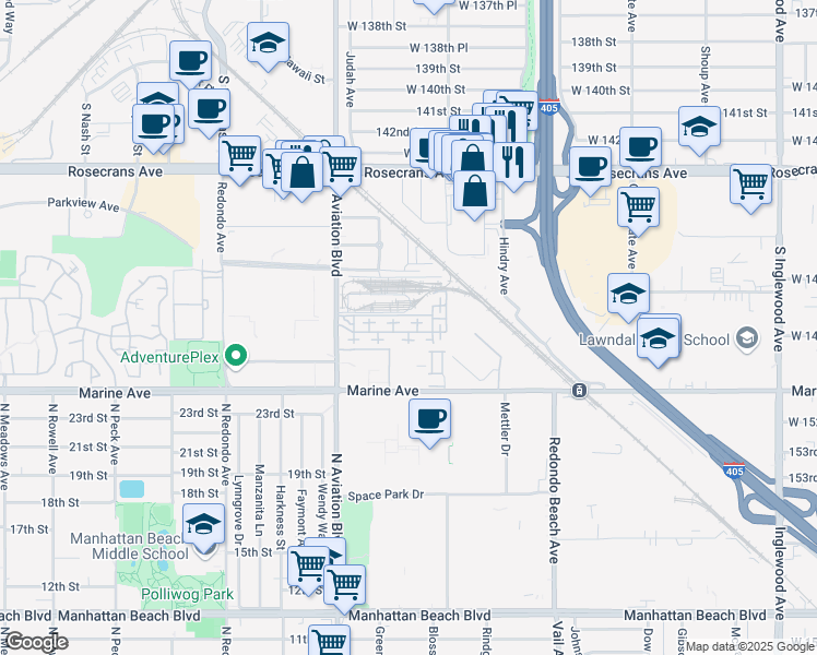 map of restaurants, bars, coffee shops, grocery stores, and more near 5403 West 149th Place in Hawthorne