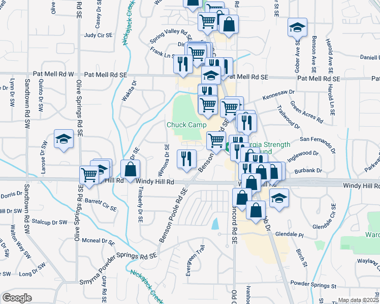 map of restaurants, bars, coffee shops, grocery stores, and more near 2300 Benson Poole Road Southeast in Smyrna