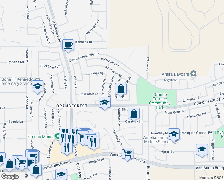 map of restaurants, bars, coffee shops, grocery stores, and more near 8470 Lindenhurst Street in Riverside