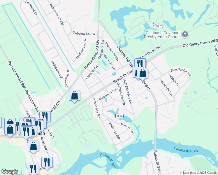 map of restaurants, bars, coffee shops, grocery stores, and more near 9113 Beach Drive Southwest in Calabash