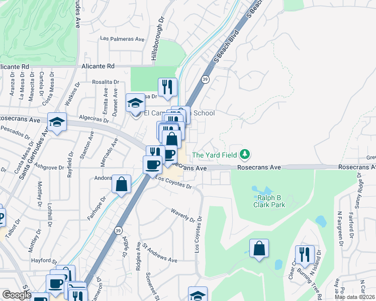 map of restaurants, bars, coffee shops, grocery stores, and more near 14754 Beach Boulevard in La Mirada