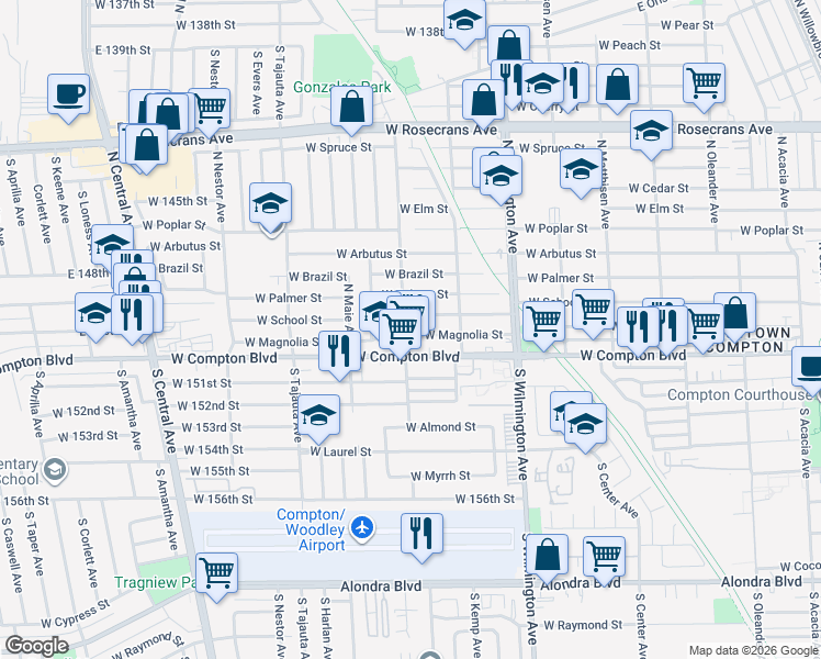 map of restaurants, bars, coffee shops, grocery stores, and more near 947 West Magnolia Street in Compton