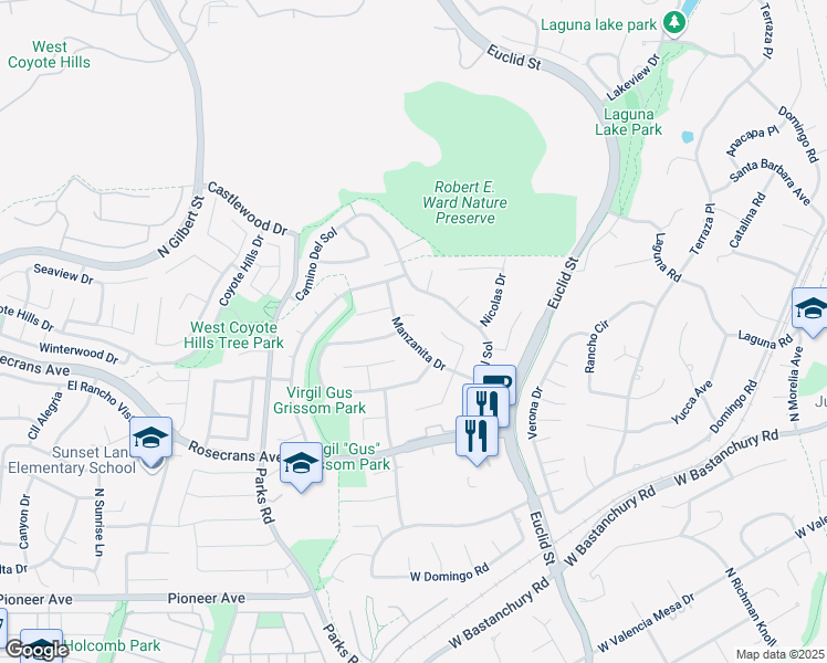 map of restaurants, bars, coffee shops, grocery stores, and more near 1310 Paseo Grande in Fullerton