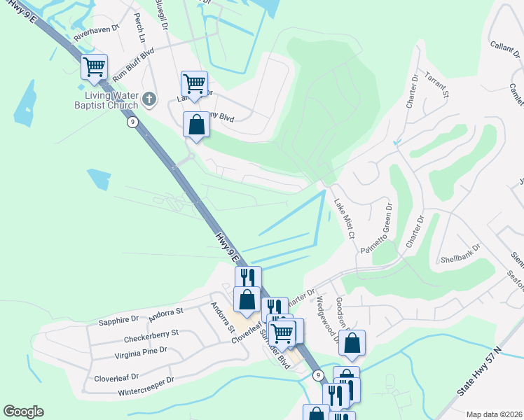 map of restaurants, bars, coffee shops, grocery stores, and more near Sun Colony Boulevard in Little River