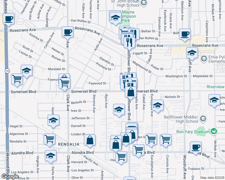 map of restaurants, bars, coffee shops, grocery stores, and more near 9711 Somerset Boulevard in Bellflower