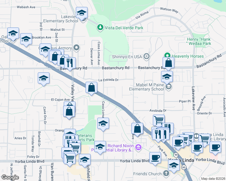 map of restaurants, bars, coffee shops, grocery stores, and more near 4451 Rainbow Lane in Yorba Linda
