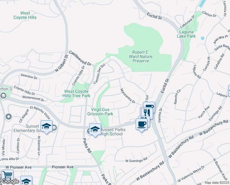 map of restaurants, bars, coffee shops, grocery stores, and more near 1435 Paseo Grande in Fullerton