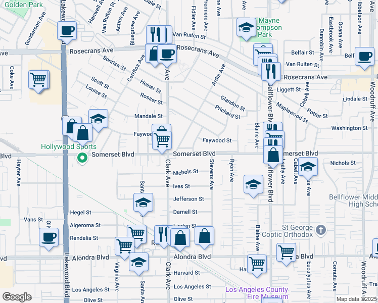 map of restaurants, bars, coffee shops, grocery stores, and more near 9449 Somerset Boulevard in Bellflower