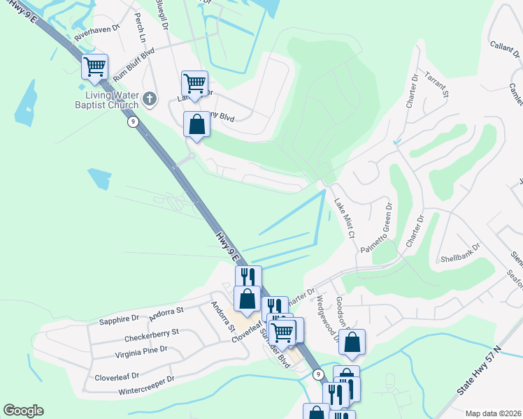 map of restaurants, bars, coffee shops, grocery stores, and more near Sun Colony Boulevard in Little River