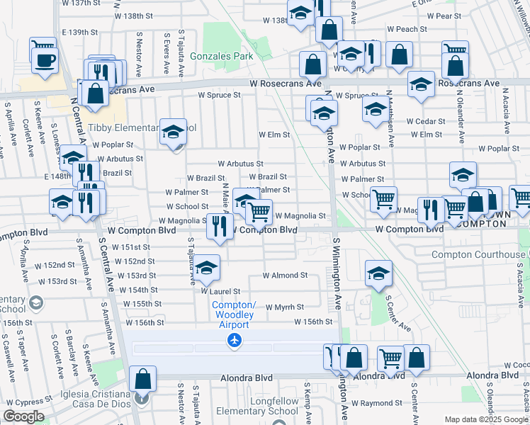 map of restaurants, bars, coffee shops, grocery stores, and more near 949 West Magnolia Street in Compton