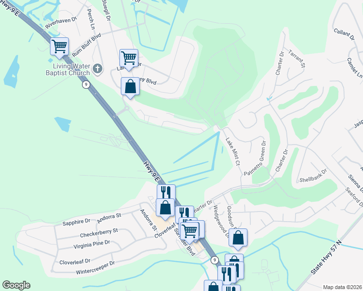 map of restaurants, bars, coffee shops, grocery stores, and more near 124 South Shore Boulevard in Longs
