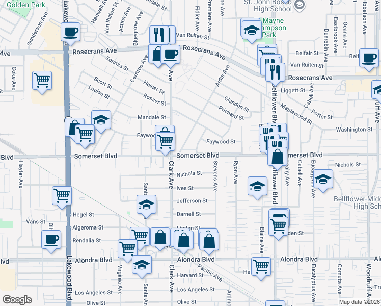 map of restaurants, bars, coffee shops, grocery stores, and more near 9443 Somerset Boulevard in Bellflower