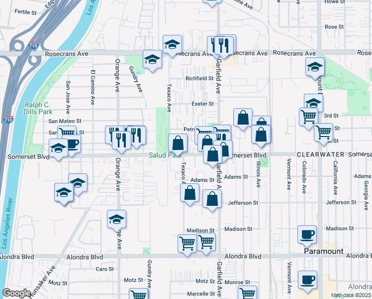 map of restaurants, bars, coffee shops, grocery stores, and more near 7249 Somerset Boulevard in Paramount