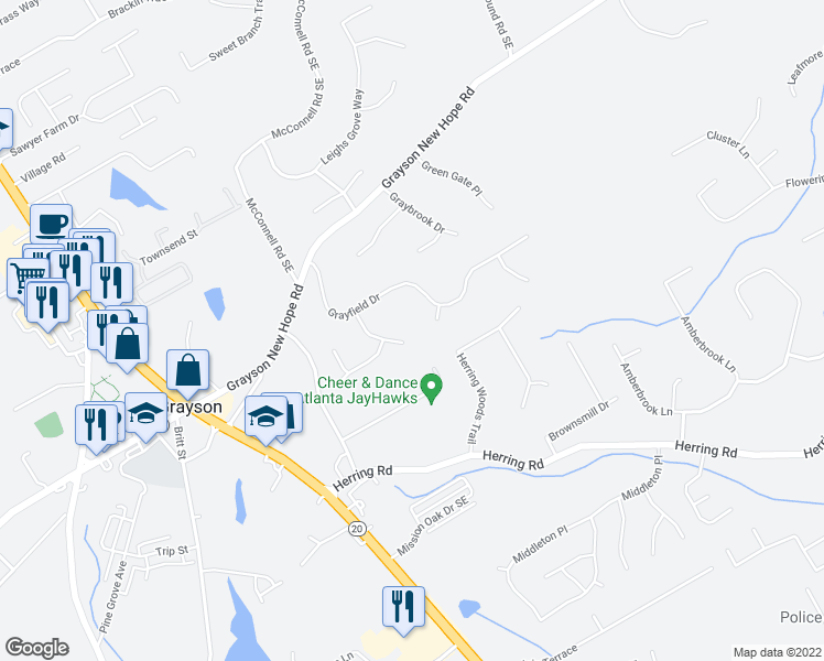map of restaurants, bars, coffee shops, grocery stores, and more near 2162 Brook View Lane in Grayson