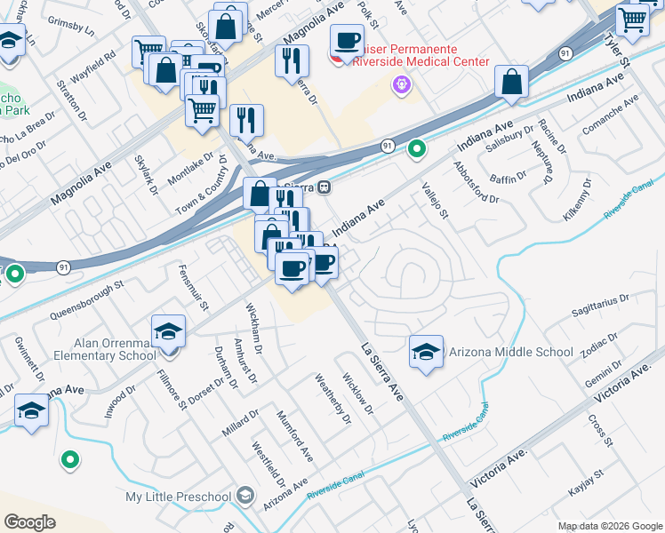 map of restaurants, bars, coffee shops, grocery stores, and more near 3363 Greenpark Lane in Riverside