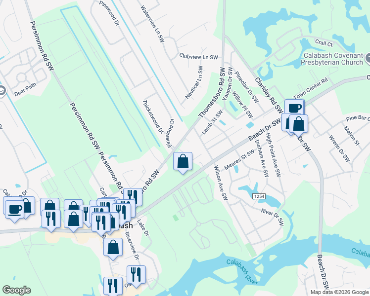 map of restaurants, bars, coffee shops, grocery stores, and more near 1381 Thomasboro Rd SW in Calabash