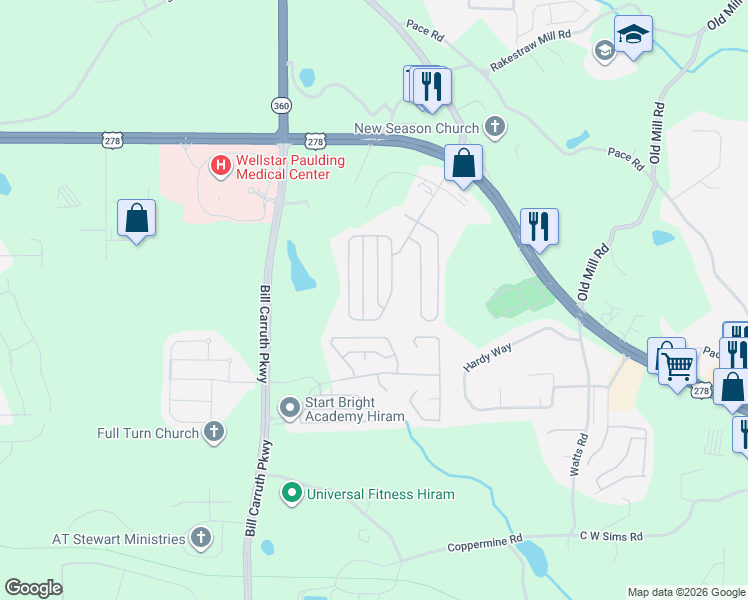 map of restaurants, bars, coffee shops, grocery stores, and more near 149 High Point Way in Hiram