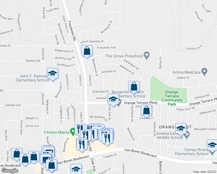 map of restaurants, bars, coffee shops, grocery stores, and more near 19459 Hebron Court in Riverside