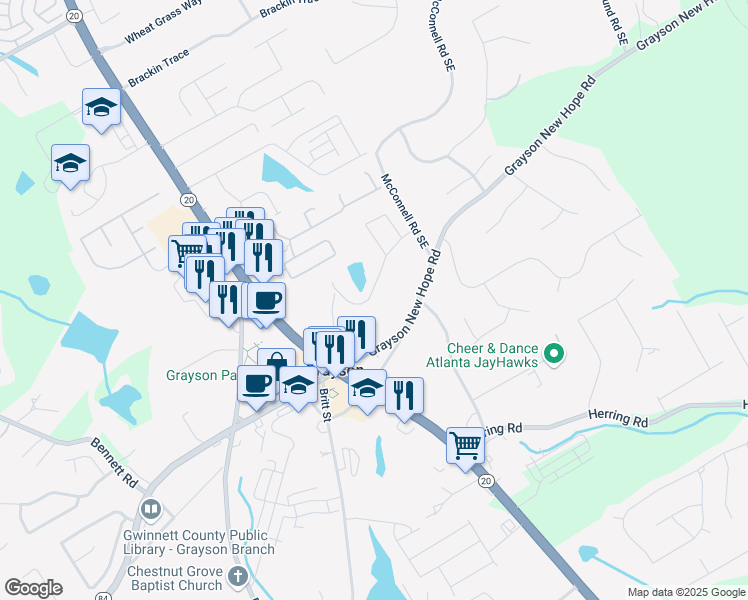 map of restaurants, bars, coffee shops, grocery stores, and more near 194 Green Love Lane in Grayson