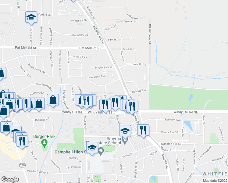 map of restaurants, bars, coffee shops, grocery stores, and more near 2307 Kissing Tree Lane Southeast in Smyrna