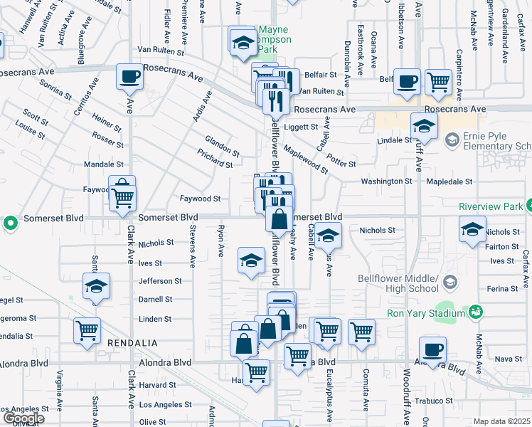map of restaurants, bars, coffee shops, grocery stores, and more near 9743 Somerset Boulevard in Bellflower