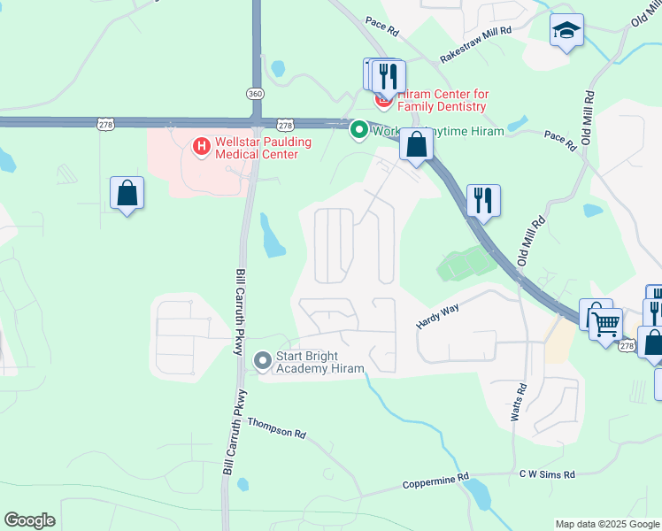 map of restaurants, bars, coffee shops, grocery stores, and more near 159 High Point Way in Hiram