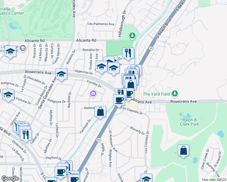 map of restaurants, bars, coffee shops, grocery stores, and more near 16124 Rosecrans Avenue in La Mirada