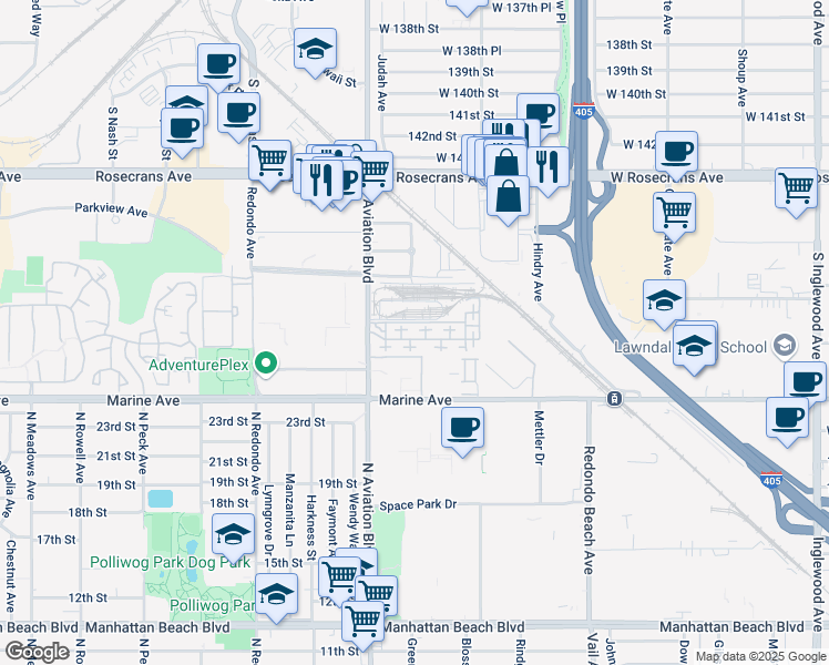 map of restaurants, bars, coffee shops, grocery stores, and more near 5507 West 149th Place in Hawthorne