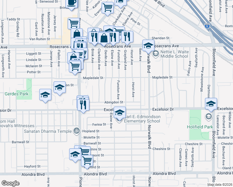 map of restaurants, bars, coffee shops, grocery stores, and more near 14803 Funston Avenue in Norwalk