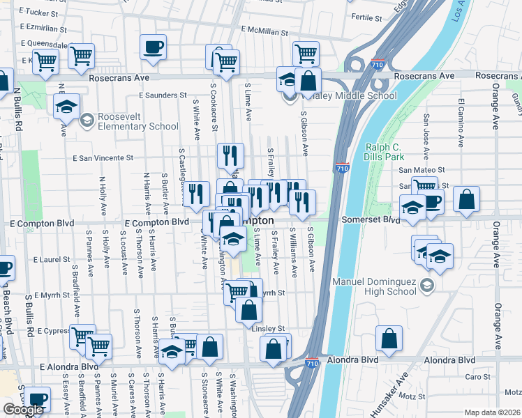 map of restaurants, bars, coffee shops, grocery stores, and more near 4521 East San Luis Street in East Compton