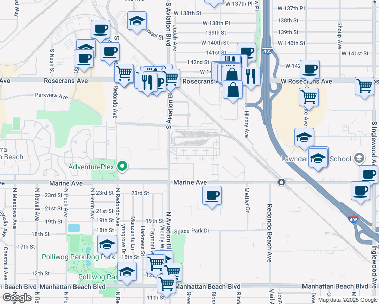 map of restaurants, bars, coffee shops, grocery stores, and more near 5507 West 149th Place in Hawthorne