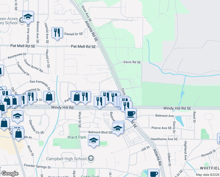 map of restaurants, bars, coffee shops, grocery stores, and more near 2321 Kissing Tree Lane Southeast in Smyrna