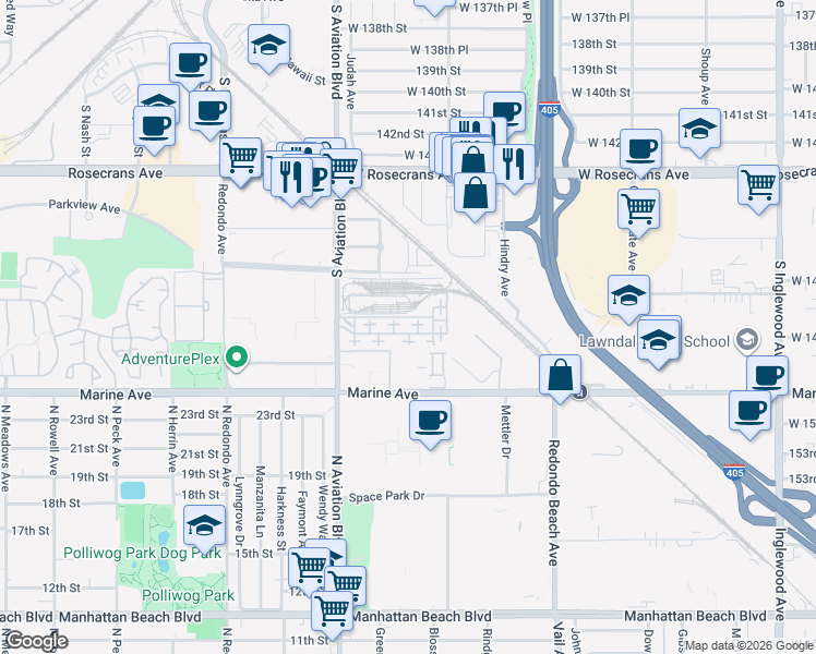 map of restaurants, bars, coffee shops, grocery stores, and more near 5403 West 149th Place in Hawthorne