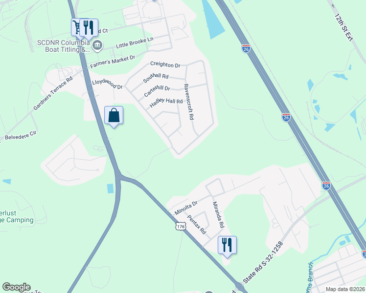 map of restaurants, bars, coffee shops, grocery stores, and more near 305 Lloydwood Drive in West Columbia