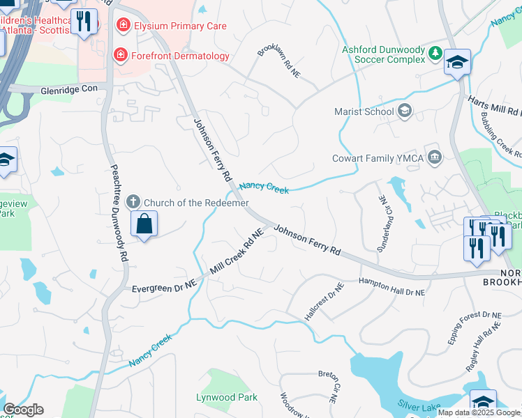 map of restaurants, bars, coffee shops, grocery stores, and more near 1690 South Johnson Ferry Road Northeast in Atlanta