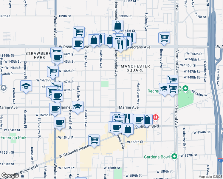 map of restaurants, bars, coffee shops, grocery stores, and more near in Gardena