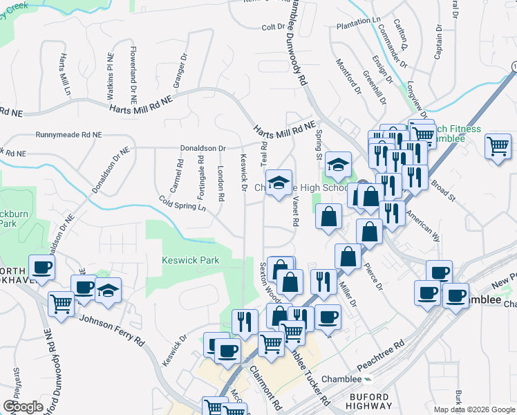 map of restaurants, bars, coffee shops, grocery stores, and more near 3600 Sexton Woods Drive in Chamblee