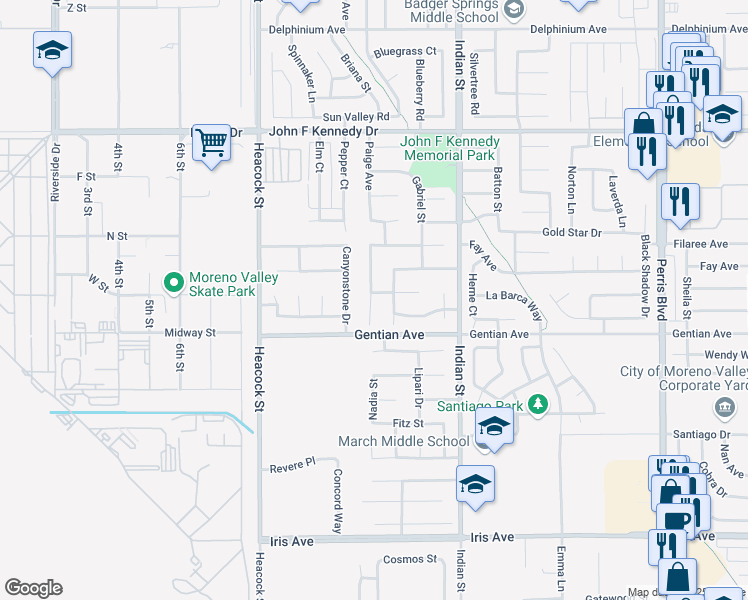 map of restaurants, bars, coffee shops, grocery stores, and more near 24281 Dyna Place in Moreno Valley