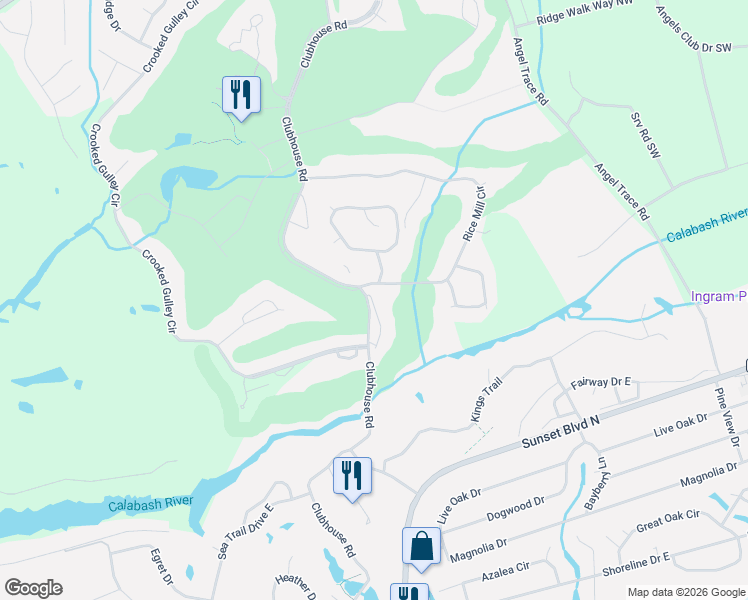 map of restaurants, bars, coffee shops, grocery stores, and more near 287-297 Rice Mill Cir SW in Sunset Beach