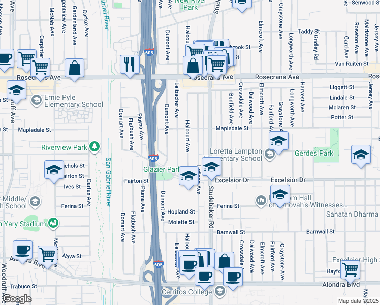 map of restaurants, bars, coffee shops, grocery stores, and more near 14716 Halcourt Avenue in Norwalk