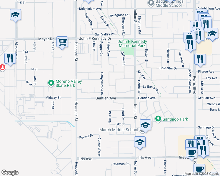 map of restaurants, bars, coffee shops, grocery stores, and more near 24281 Dyna Place in Moreno Valley
